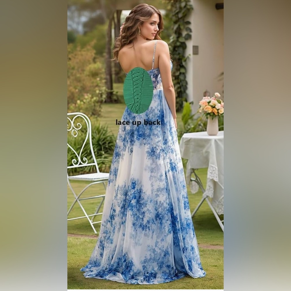 Elegant Blue Floral Strapless Dress - Picture 3 of 7